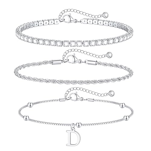 Gold Bracelets for Women Girls - Dainty Gold/Silver Bracelet Stack Jewelry Set Personalized Initial Bracelets Cute Stackable Rope Box Chain Tennis Bracelets Gifts for Women Teen Girl Gifts - color: D-Silver