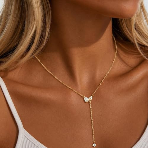 Lariat Gold Necklace for Women Dainty Long Necklaces 14k Gold Plated CZ Y Drop Chain Necklace Trendy Gold Jewelry Gifts - color: 2 Teardrop Zircons-Y Necklace-gold-428