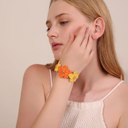 RUOFFETA Raffia Flower Cuff Bracelet for Women, Floral Chunky Bangle Wide Open Cuff Statement Bracelet - color: Orange Ombre