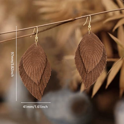 Genuine Leather Handmade Fringe Feather Lightweight Dangle Drop Earrings Teardrop Tassel Hook Earrings for Women - style: 13 Brown