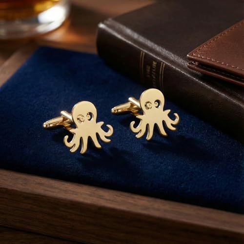 Men’s Octopus Cufflinks – Stainless Steel Ocean-Themed Cuff Links with Gift Box & Polishing Cloth – Available in Silver & Gold - color: golden