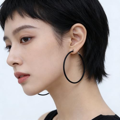 Hoop Earrings for Women, Hypoallergenic Stainless Steel Lightweight Thin Large Big Hoops Earrings Set for Women, Non Tarnish for Jewelry Gift 40MM - color: Black Bright Surface-60mm