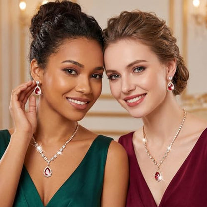 Unicra Bride Crystal Necklace Earrings Set Bridal Wedding Jewelry Sets Rhinestone Choker Necklace Prom Costume Jewelry Set for Women and Brides - color: Gold Red