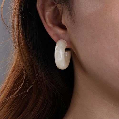 Chunky Acrylic Hoop Earrings White Resin Open Circle Hoop Earrings Round Pearl Studs Thick Acrylic C Shape Earring Pearl Front Back Earring Jewelry for Women - color: White