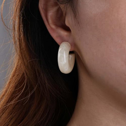 Chunky Acrylic Hoop Earrings White Resin Open Circle Hoop Earrings Round Pearl Studs Thick Acrylic C Shape Earring Pearl Front Back Earring Jewelry for Women - color: White