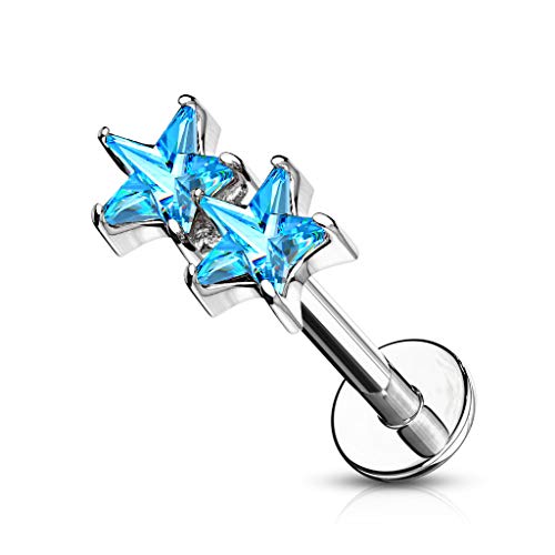 Pierced Owl - 16GA Twin CZ Crystal Star Top Monroe Labret Cartilage Ear Stud - style: Silver Tone/Aqua