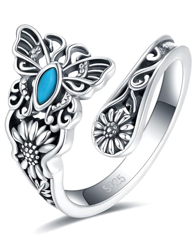 S925-Sterling-Silver Abalone Dragonfly-Turquoise Spoon Ring - Vintage Boho Sunflower Thumb Oxidized Wrap Rings Victorian Style Antique Floral Jewelry Gifts for Women - color: Butterfly Ring