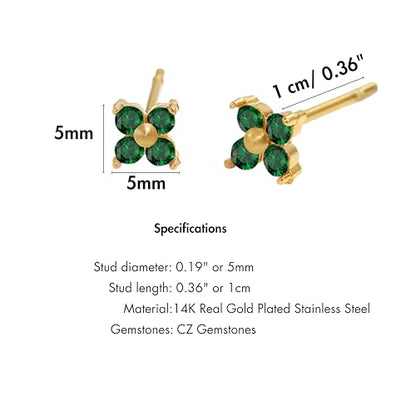 QueenBee 14K Gold Plated Ivy Flower Birthstone Stud Earrings for Women Dainty Floral Gemstone Studs Unique Jewelry Gift for Her - color: May-Emerald