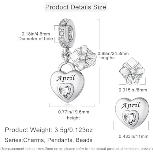 Love Heart Birthstone Dangle Charms Compatible with Pandora Bracelets | 925 Sterling Silver 5A Cubic Zirconia Mother's Day Christmas Birthday Birthstone Gifts Bead Charm Pendants Women Jewelry - color: April Dangle Birthstone Charms