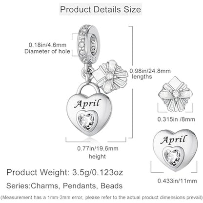 Love Heart Birthstone Dangle Charms Compatible with Pandora Bracelets | 925 Sterling Silver 5A Cubic Zirconia Mother's Day Christmas Birthday Birthstone Gifts Bead Charm Pendants Women Jewelry - color: April Dangle Birthstone Charms