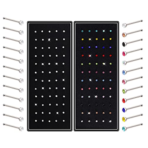 cnomg 2 Sets 120 pcs Stainless Steel Nose Ring Body Piercing Jewelry Nose Bone Stud Nose Hoop Crystal White+Multicolor - size: 1.5mm