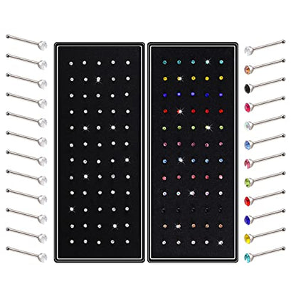 cnomg 2 Sets 120 pcs Stainless Steel Nose Ring Body Piercing Jewelry Nose Bone Stud Nose Hoop Crystal White+Multicolor - size: 2.5mm