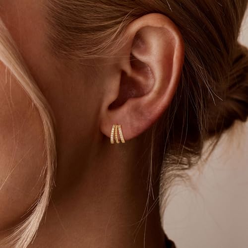 Gold Earrings for Women, Dainty Triple Huggie Earrings 14K Gold Plated Small Hoop Earrings for Women Trendy Cute Hypoallergenic Stud Earrings Unique Double Hoops Waterproof Womens Jewelry Gifts - color: gold plated-A