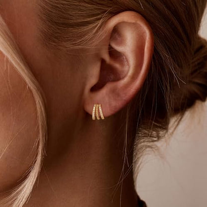Gold Earrings for Women, Dainty Triple Huggie Earrings 14K Gold Plated Small Hoop Earrings for Women Trendy Cute Hypoallergenic Stud Earrings Unique Double Hoops Waterproof Womens Jewelry Gifts - color: gold plated-A