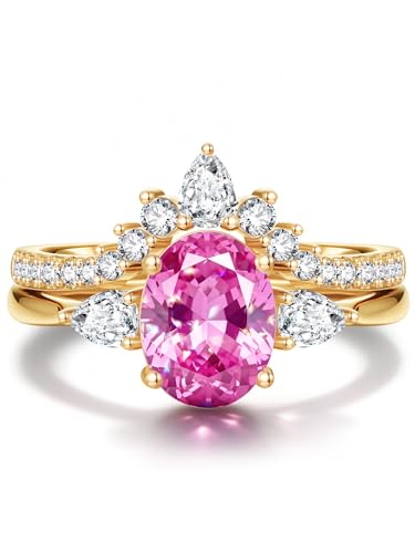 Certified 3CT Lab Grown Intense Pink Sapphire Stacking Rings, Tiara | Stacking Ring Set, Oval Cut, Crown Band, 14K Gold Plated, Hypoallergenic, Conflict-Free, Promise Ring, Box & Certificate