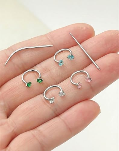 Akeoqi Horseshoe Nose Rings 316L Surgical Steel Half Hoop Earrings for Women Internally Threaded Cartilage Helix Tragus Earrings Double CZ Eyebrow Lip Piercing 18G 20G 8MM Silver Gold Plated - color: Silver,Colorful CZ
