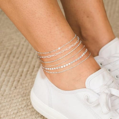 Tewiky Waterproof Ankle Bracelets for Women, 14K Real Gold Plated Anklets for Women 6PCS Anklet Set Dainty Summer Beach Jewelry - color: 6pcs dainty anklets