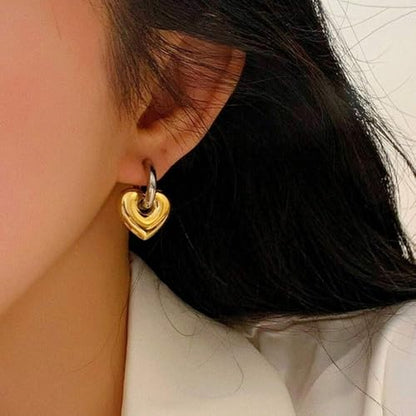 18K Gold Plated Heart Charm Hoop Earrings for Women, Two Tone Puffy Gold Heart with Silver Hoop Dangle Earrings, Polished Minimalist Heart Drop Huggie Hoops, Lightweight Romantic Jewelry