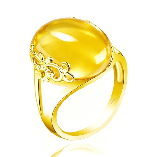 Oval Crystal Gemstone Floral Ring, 14K Gold Plated S925 Sterling Silver, Vintage Boho Statement Ring for Women - color: Floral_E yellow