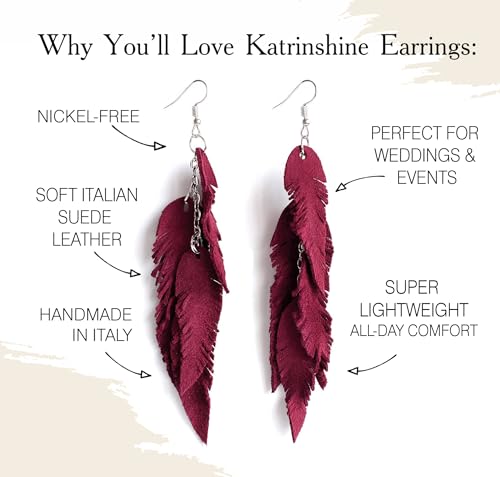 Leather Feather Earrings, Suede layered earrings, boho wedding jewelry, summer earrings, gift for her, dangle earrings - color: dark red