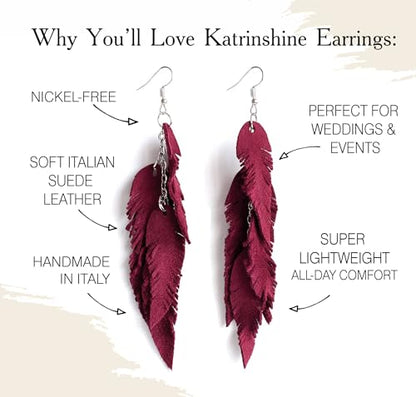 Leather Feather Earrings, Suede layered earrings, boho wedding jewelry, summer earrings, gift for her, dangle earrings - color: dark red