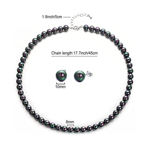 8mm 10mm Faux Pearl Necklace Earrings Set for Women White Black Round Glass Pearl Wedding Jewelry Gifts - color: Black Pearl-Ear Stud Set, size: 8mm