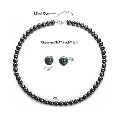 8mm 10mm Faux Pearl Necklace Earrings Set for Women White Black Round Glass Pearl Wedding Jewelry Gifts - color: Black Pearl-Ear Stud Set, size: 8mm