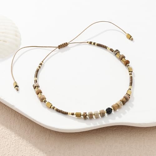 KELITCH Crystal Agate Friendship Bracelet Handmade Seed Beads Adjustable Bracelets for Women - color: Brown
