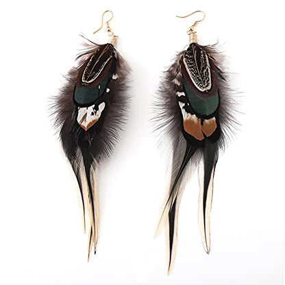 Bohemian Long Feather Earrings for Women Handmade Natural Dangle Tassel Jewelry - color: Style D