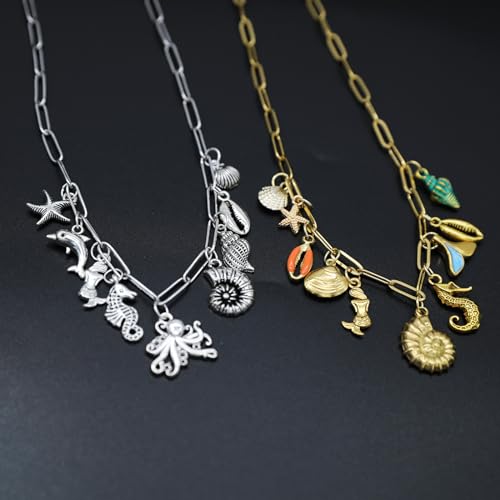 JNF Cute Shell Conch Boho Charm Necklace for Women Sun Moon Star Coin Heart Flower Boot Bow Charms Necklaces Summer Beach Jewelry - color: beach shell Charm necklace