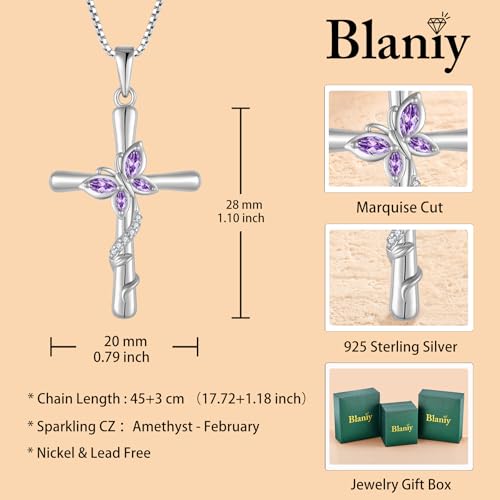 Cross Necklace for Women 925 Sterling Silver Butterfly Necklace Birthstone Pendant Created Gemstone Jewelry Gifts for Women - color: 02 February - Amethyst