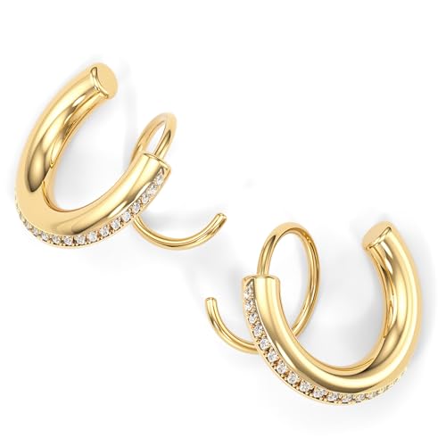 Spiral Hoop Twist Double Earrings - 14K Helix Spiral Earrings, Double Piercing Earrings, Faux Double Hoop Earrings, Tiny Twist Earrings for Women - color: Zircon Gold