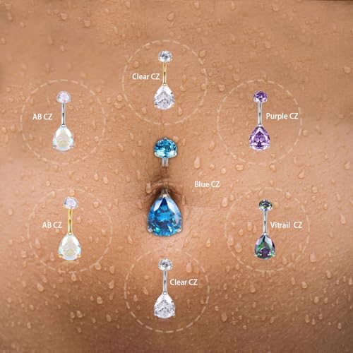 AROWRO Gold Belly Button Ring G23 Titanium Hypoallergenic 14G belly ring for Women Men Teardrop Navel Piercing Jewelry 10mm Barbell With Cubic Zircon - color: Silver+Teardrop Blue CZ