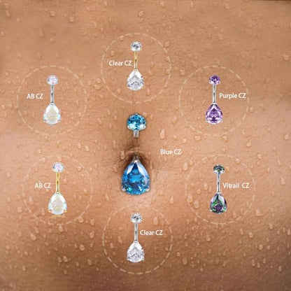 AROWRO Gold Belly Button Ring G23 Titanium Hypoallergenic 14G belly ring for Women Men Teardrop Navel Piercing Jewelry 10mm Barbell With Cubic Zircon - color: Silver+Teardrop Blue CZ