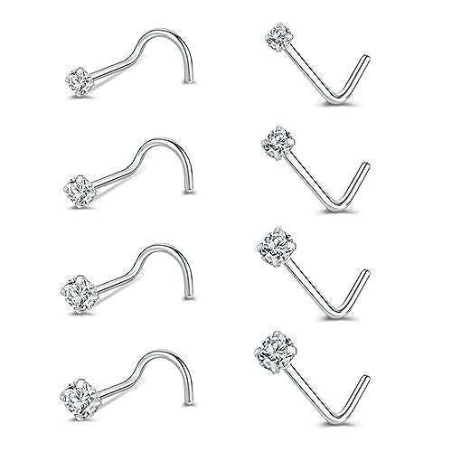 ZS 6-14PCS 20g Tiny Nose Stud Ring Piercing Surgical Steel Nose Bone/L Shaped/Nose Screws Rings Set - color: A:8pcs Mixed Style(1.5mm/2mm/2.5mm/3mm CZ)