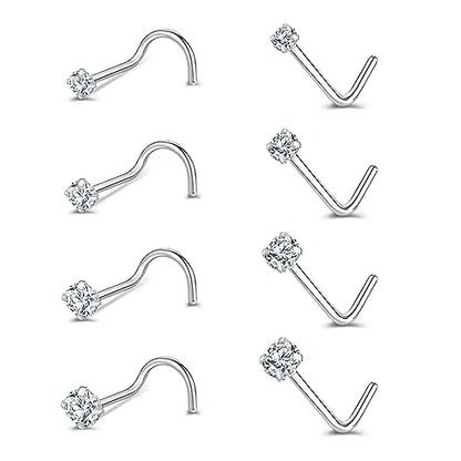 ZS 6-14PCS 20g Tiny Nose Stud Ring Piercing Surgical Steel Nose Bone/L Shaped/Nose Screws Rings Set - color: A:8pcs Mixed Style(1.5mm/2mm/2.5mm/3mm CZ)