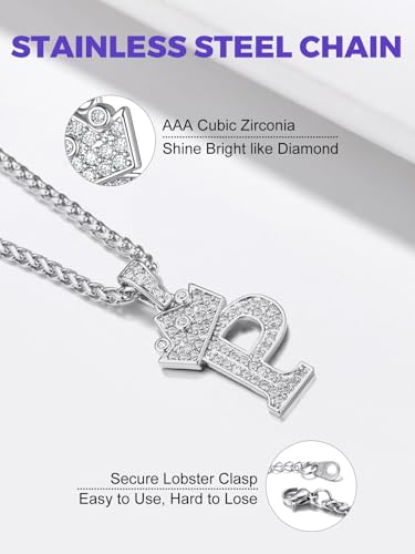 Richsteel Silver Crown Initial A-Z Letter Pendant Necklace for Men Women | Cubic Zirconia Monogram, 316L Steel Chain, 22" + 2" Extender,Hypoallergenic,Gift Box, Hip Hop Jewelry - style: P