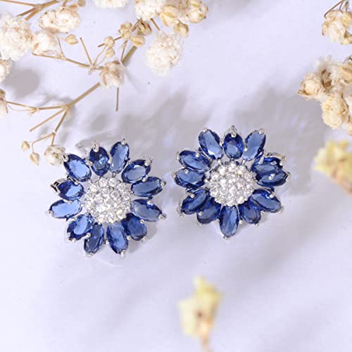 Crystal Flower Burst Stud Earirings - Big Sterling Silver CZ Cubic Zirconia Rhinestone Daisy Sunflower Floral Cluster Studs Bridal Wedding Party Prom Costume Jewelry for Bride Bridesmaids Women Birthstone Birthday Gift - color: Blue