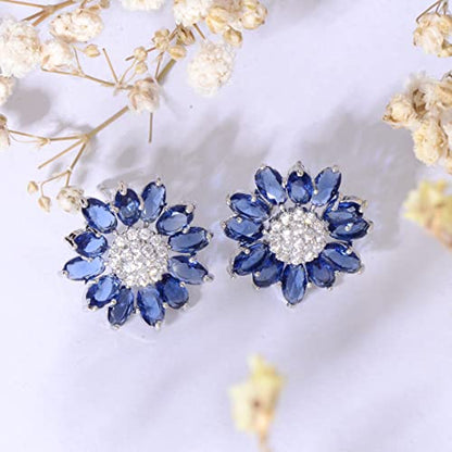 Crystal Flower Burst Stud Earirings - Big Sterling Silver CZ Cubic Zirconia Rhinestone Daisy Sunflower Floral Cluster Studs Bridal Wedding Party Prom Costume Jewelry for Bride Bridesmaids Women Birthstone Birthday Gift - color: Blue