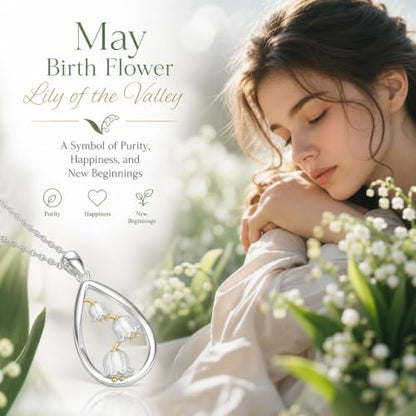 12 Month Birth Flower Necklace for Women 925 Sterling Silver Floral Teardrop Pendant Birthday Jewelry Gifts - color: 05. May Lily of the Valley