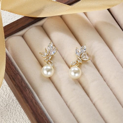 Crysdue Simulated Pearl Earrings for Women, Dainty Silver/Gold/Rose Gold Plated Cubic Zirconia Drop Dangle Earrings Wedding Jewelry for Bride Bridesmaid - style: L_CZ+pearl, Silver