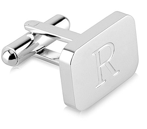18K White-Gold Plated Initial Engraved Stainless Steel Men’s Cufflinks With Gift Box -Personalized Alphabet Letter’s A-Z By Lux & Pair - style: R- White Gold