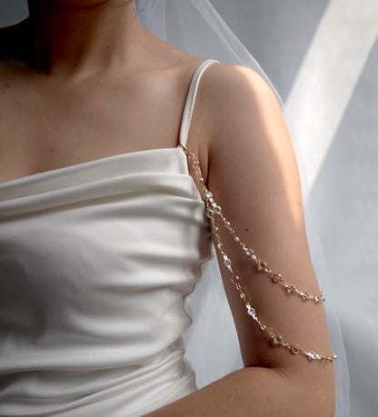 Pearl Arm Chain Wedding bridal Shoulder Jewelry Layered Prom Party Body Jewelry for Slide Dress Costume Accessory - color: Rhinestone-1 Piece