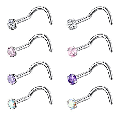 8PCS G23 Titanium Twist Screw Nose Studs 18G 20G Nose Rings 2mm 2.5mm 3mm Clear Pink Purple Aurora CZ Gold Nose Piercing Studs Nostril for Women Men - style: 18g silver mix-color cz 2.5mm