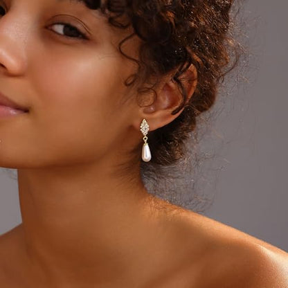 Gold Earrings for Women, 14K Gold Plated Tassel Dangle Earrings for Women Trendy Hypoallergenic Long Chain Earring Dainty Pearl Drop Earrings Elegant Wedding Earring Fashion Jewelry for Womens - color: cz pearl earrings