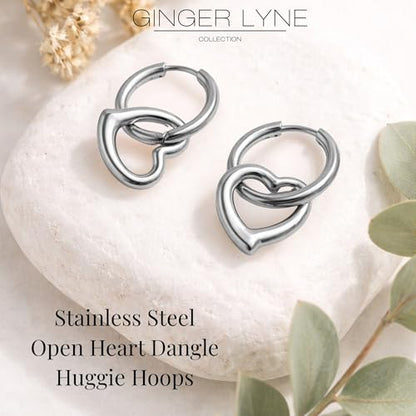 Open Heart Charm Hoop Earrings for Women by Ginger Lyne | 18K Gold Plated Stainless Steel Lightweight 12mm Classic Round Clicker for Lobe Cartilage Piercing Body Jewelry for Her - color: Silver Tone