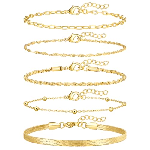 Gold Bracelets for Women, 14K Gold Plated Stackable Bracelet Stack Set Adjustable Charm Paperclip Chain Cuban Link Layered Waterproof Jewelry Sets Gifts for Womens 6.5 Inch - color: Golden-A 6.5 IN
