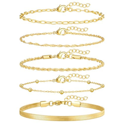 Gold Bracelets for Women, 14K Gold Plated Stackable Bracelet Stack Set Adjustable Charm Paperclip Chain Cuban Link Layered Waterproof Jewelry Sets Gifts for Womens 6.5 Inch - color: Golden-A 6.5 IN