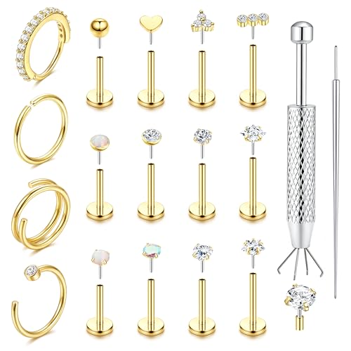 ORAZIO 14K Gold Filled Nose Rings Studs Hoops for Women Men 20G 18G Hypoallergenic Surgical Steel Push in Threadless Flat Back Earrings CZ Helix Tragus Lip Cartilage Medusa Nostril Piercing Jewelry - color: 14K Gold Plating, size: 18g=1.0mm