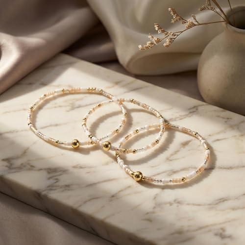 Dainty Gold Plated Tiny Ball Colorful Beaded Stack Bracelets Sets for Women,3Pcs Stackable Cute Bracelet Stretch Trendy Ball Jewelry Friendship Gift - color: white